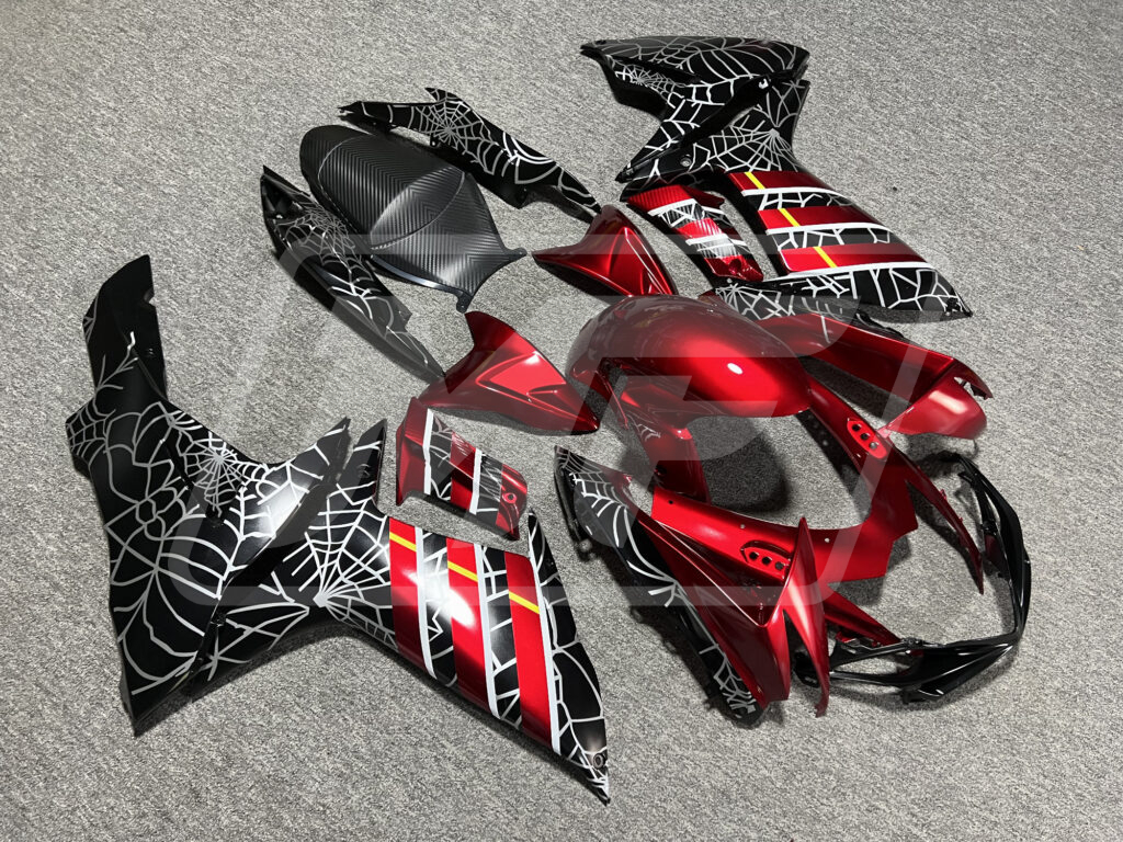 2011 - 2025 Suzuki GSXR Gloss Black & Candy Red with White Spider Web fairing set - ABS injection, custom painted by Monster Fairings