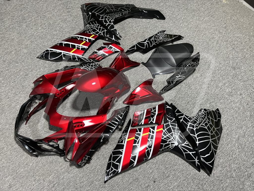 Gloss Black & Candy Red with White Spider Web ABS fairings for Suzuki GSXR 600 - 750 2011 - 2025 - premium OEM fit kit by Monster Fairings