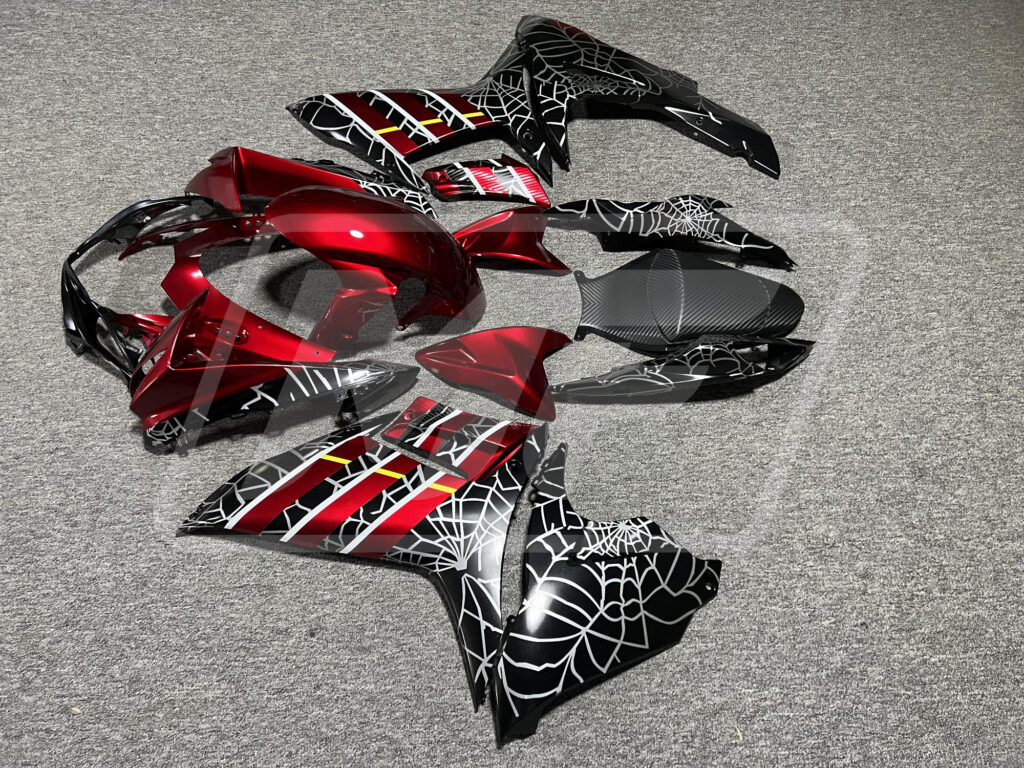 Suzuki GSXR custom ABS fairings 2011 - 2025 in Gloss Black & Candy Red with White Spider Web - durable replacement kit, Monster Fairings