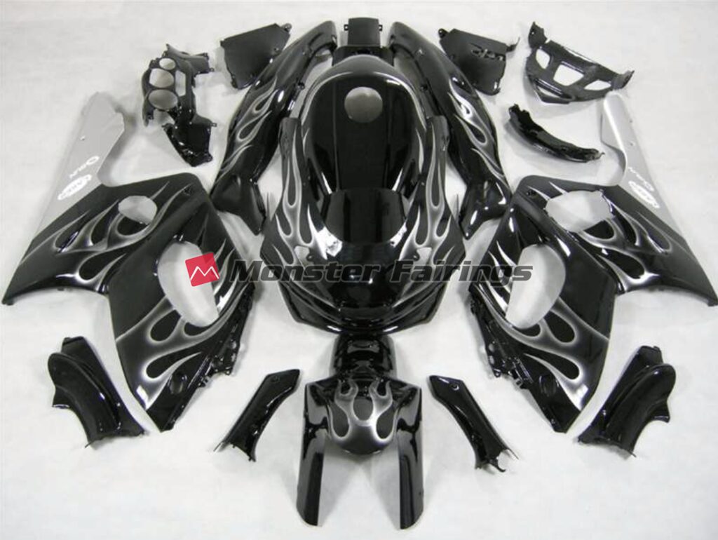 Yamaha YZF600 1998 - 2007 Black and Silver Flame ABS fairings - custom motorcycle bodywork kit by Monster Fairings
