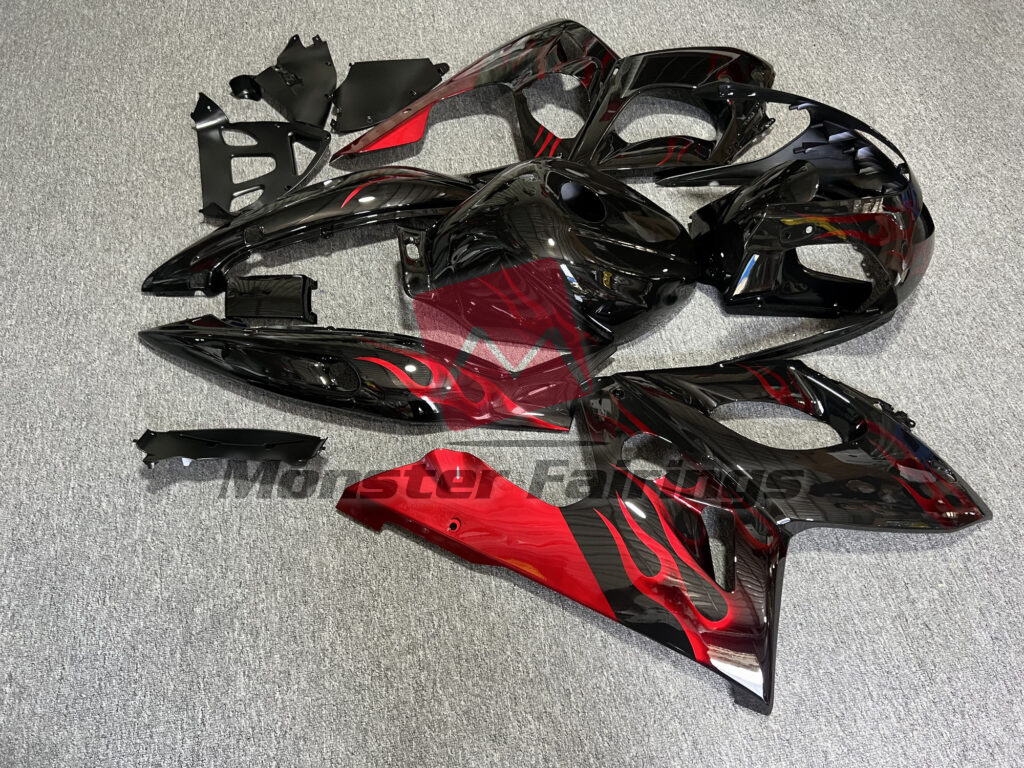 1998 - 2007 Yamaha YZF600 Gloss Black with Red Flames fairing set - ABS injection, custom painted by Monster Fairings