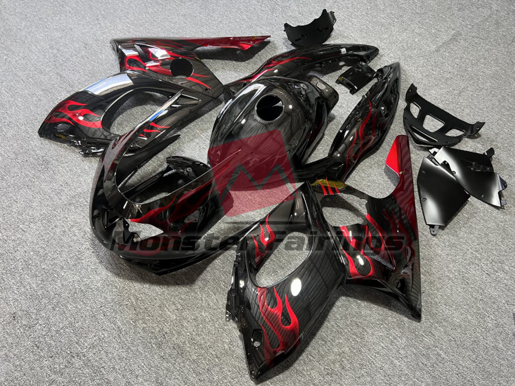 Gloss Black with Red Flames ABS fairings for Yamaha YZF600 1998 - 2007 - premium OEM fit kit by Monster Fairings
