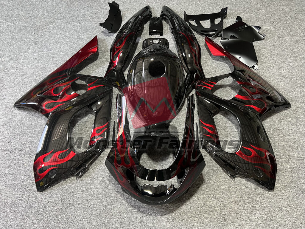 Yamaha YZF600 1998 - 2007 Gloss Black with Red Flames ABS fairings - custom motorcycle bodywork kit by Monster Fairings