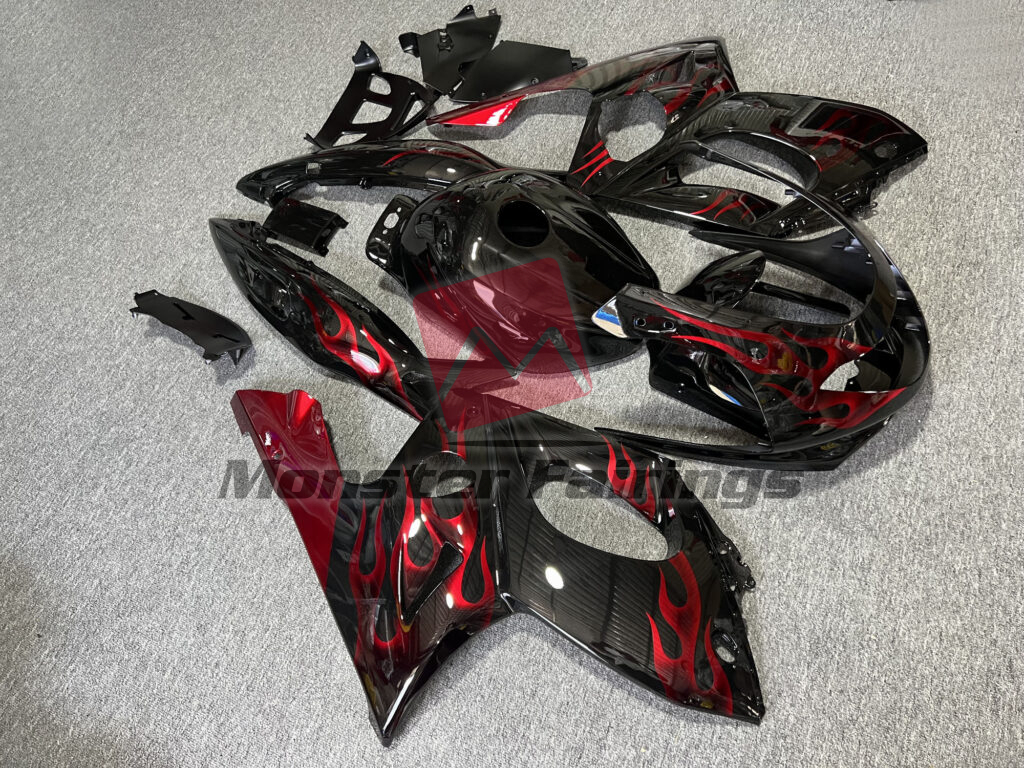 Yamaha YZF600 custom ABS fairings 1998 - 2007 in Gloss Black with Red Flames - durable replacement kit, Monster Fairings