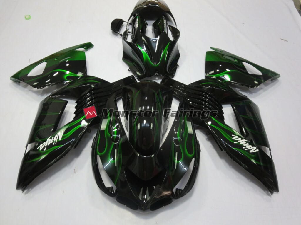 Kawasaki ZX14R 2006 - 2011 Gloss Black Green Flames ABS fairings - custom motorcycle bodywork kit by Monster Fairings