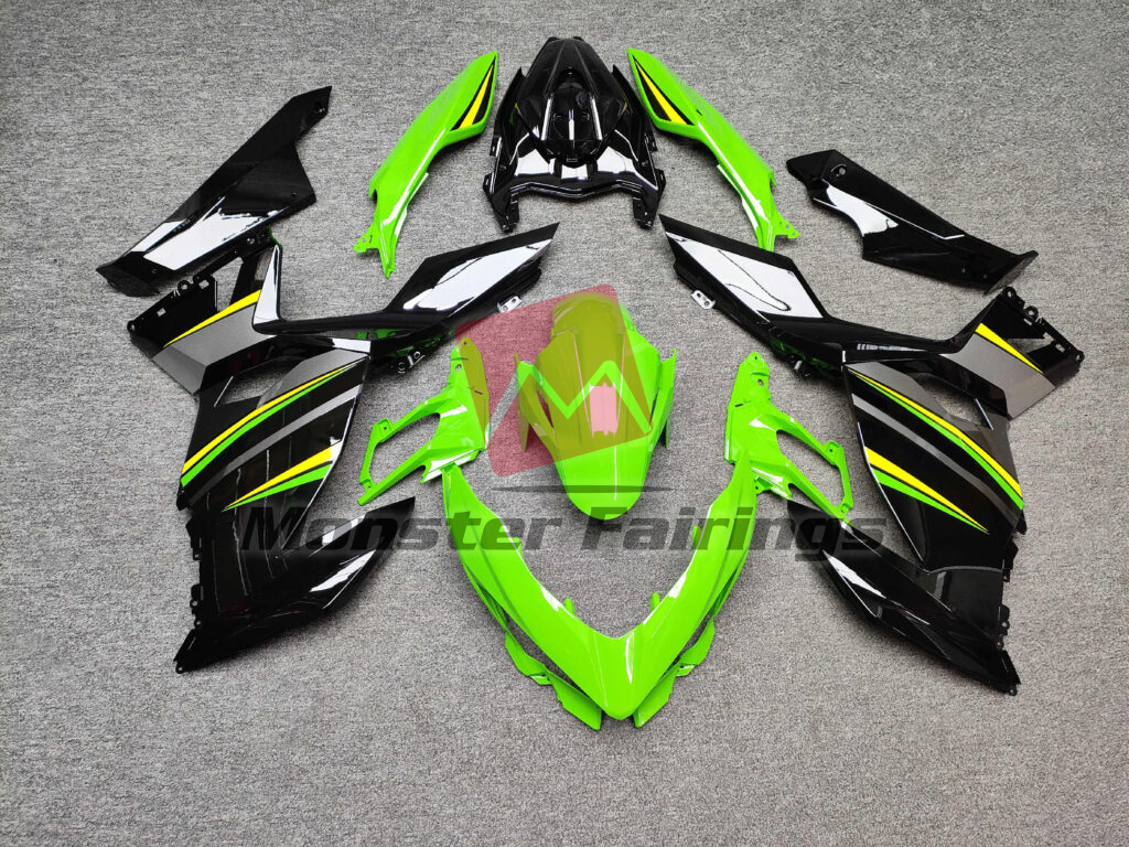 Kawasaki Ninja 400 2018 - 2024 Gloss Black with Green & Yellow ABS fairings - custom motorcycle bodywork kit by Monster Fairings