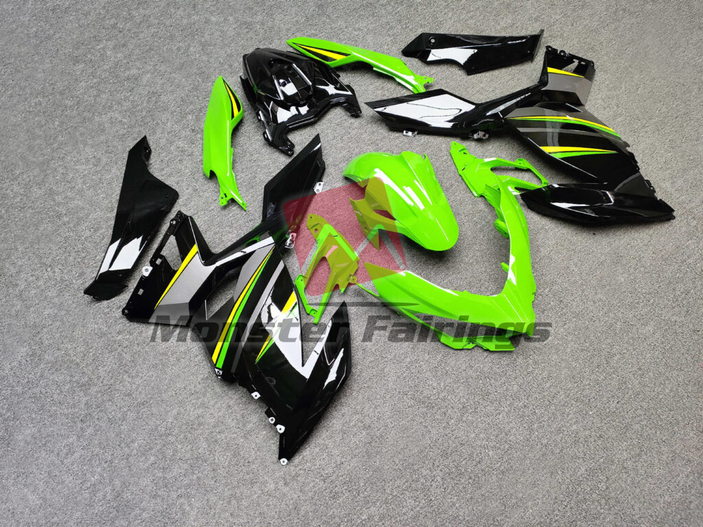 Gloss Black with Green & Yellow ABS fairings for Kawasaki Ninja 400 2018 - 2024 - premium OEM fit kit by Monster Fairings