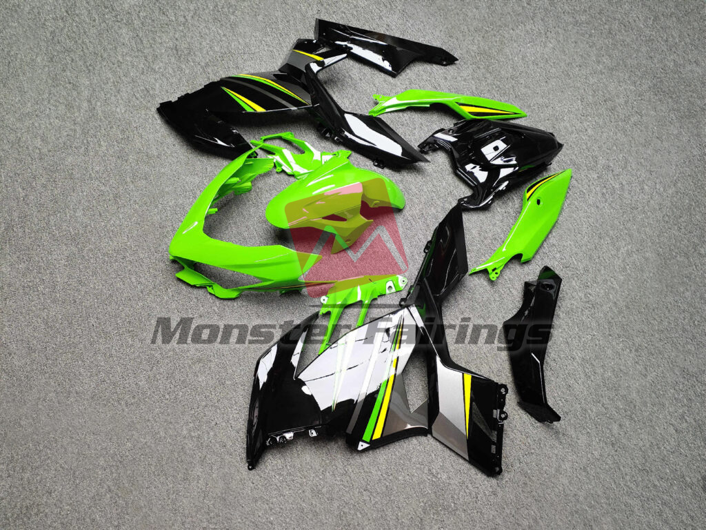 Kawasaki Ninja 400 custom ABS fairings 2018 - 2024 in Gloss Black with Green & Yellow - durable replacement kit, Monster Fairings
