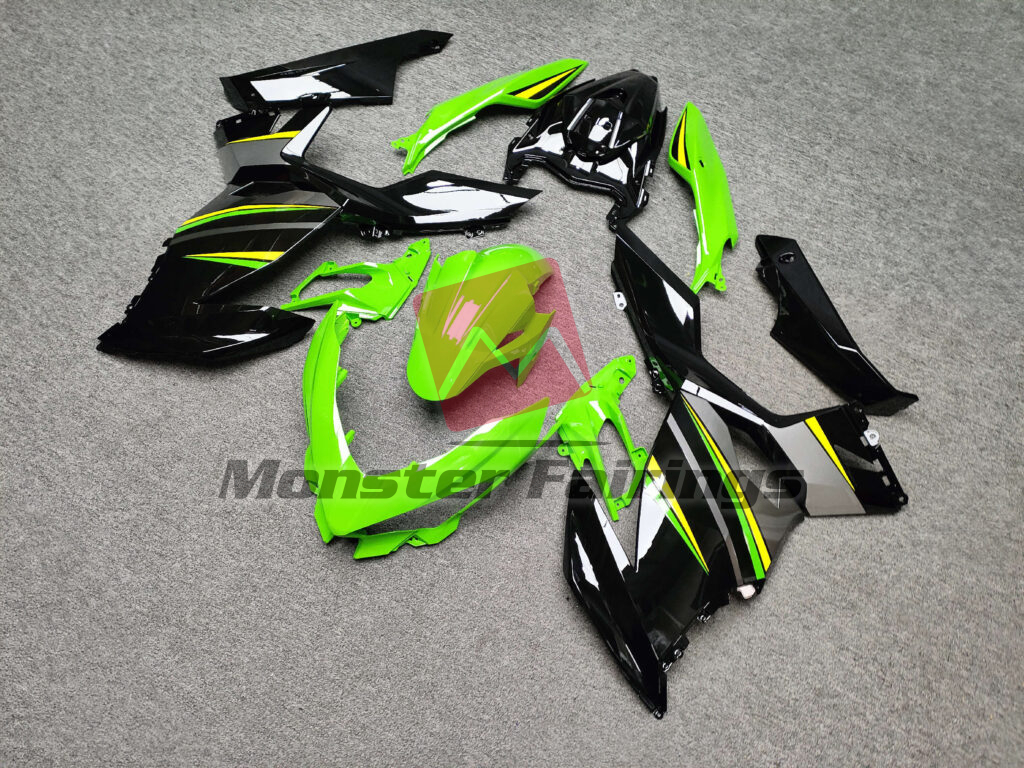 2018 - 2024 Kawasaki Ninja 400 Gloss Black with Green & Yellow fairing set - ABS injection, custom painted by Monster Fairings