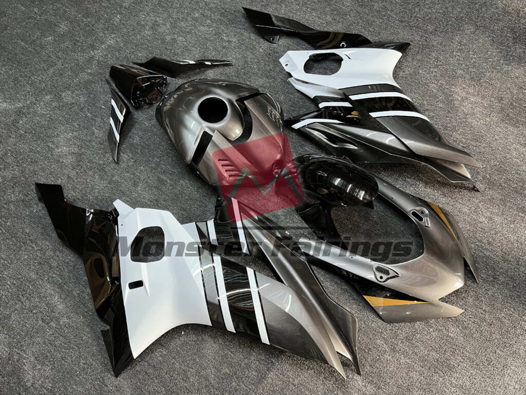 Yamaha R6 custom ABS fairings 2017 - 2022 in Gloss Metallic Gray & White - durable replacement kit, Monster Fairings