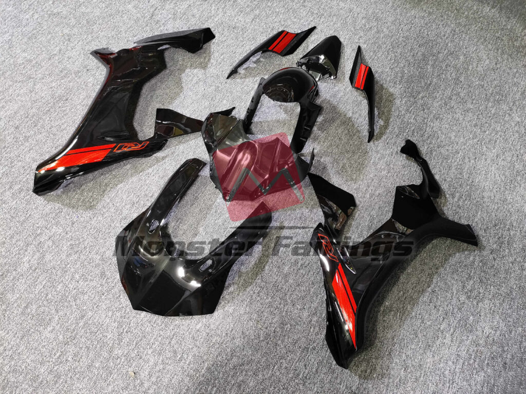 Yamaha R1 custom ABS fairings 2015 - 2019 in Gloss Black with Red Logo - durable replacement kit, Monster Fairings