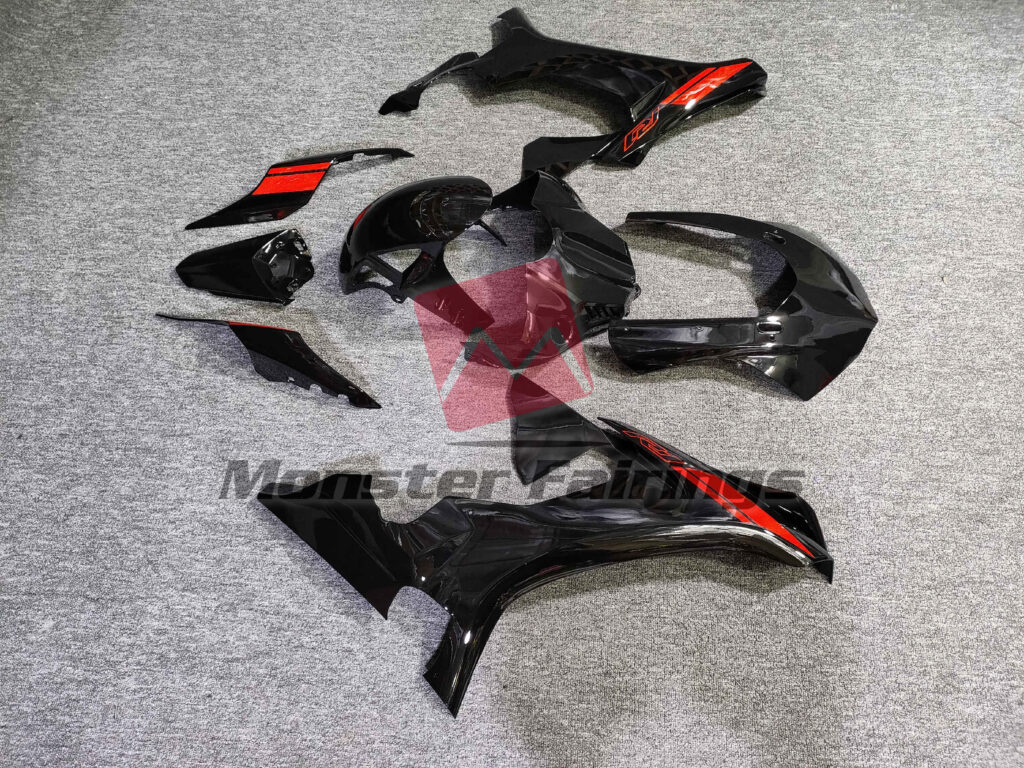 2015 - 2019 Yamaha R1 Gloss Black with Red Logo fairing set - ABS injection, custom painted by Monster Fairings