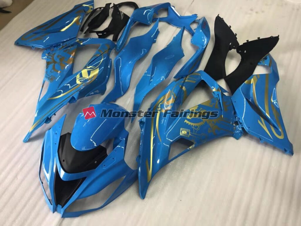Kawasaki ZX10R 2016 - 2020 Gloss Blue with Gold ABS fairings - custom motorcycle bodywork kit by Monster Fairings