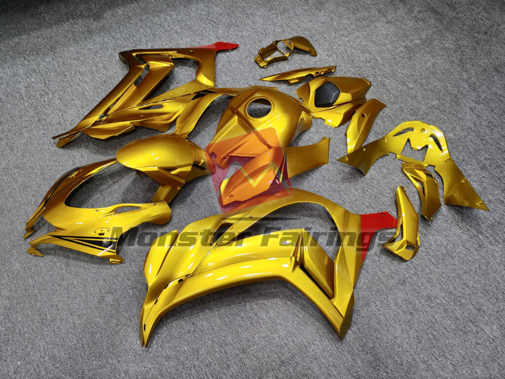 Kawasaki ZX10R custom ABS fairings 2016 - 2020 in Gloss Gold with Black & Red - durable replacement kit, Monster Fairings