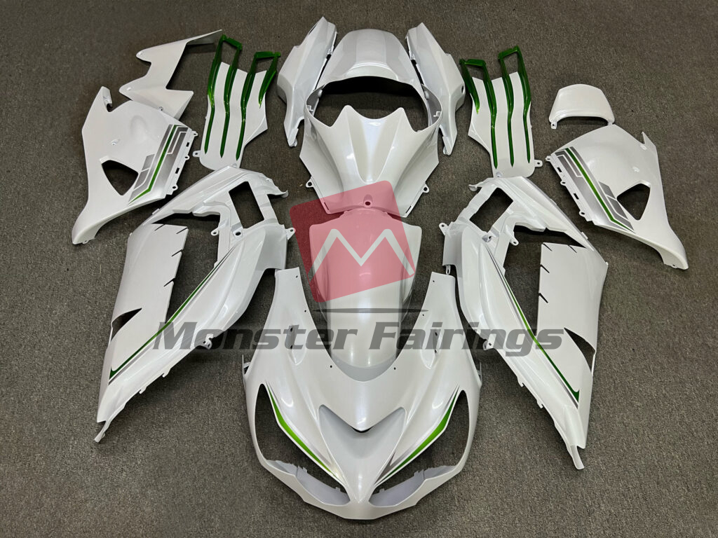 Kawasaki ZX14R 2012 - 2024 Pearl White with Green & and Silver ABS fairings - custom motorcycle bodywork kit by Monster Fairings