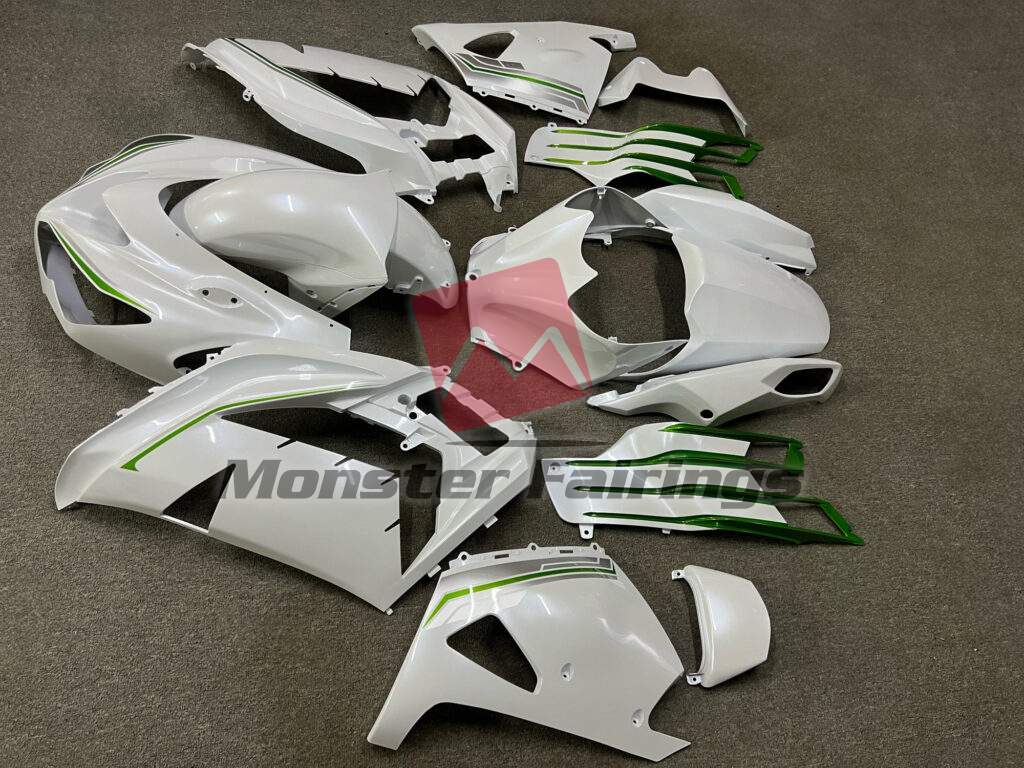 Kawasaki ZX14R custom ABS fairings 2012 - 2024 in Pearl White with Green & and Silver - durable replacement kit, Monster Fairings