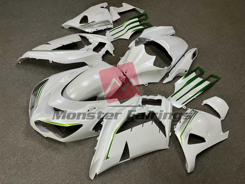 2012 - 2024 Kawasaki ZX14R Pearl White with Green & and Silver fairing set - ABS injection, custom painted by Monster Fairings