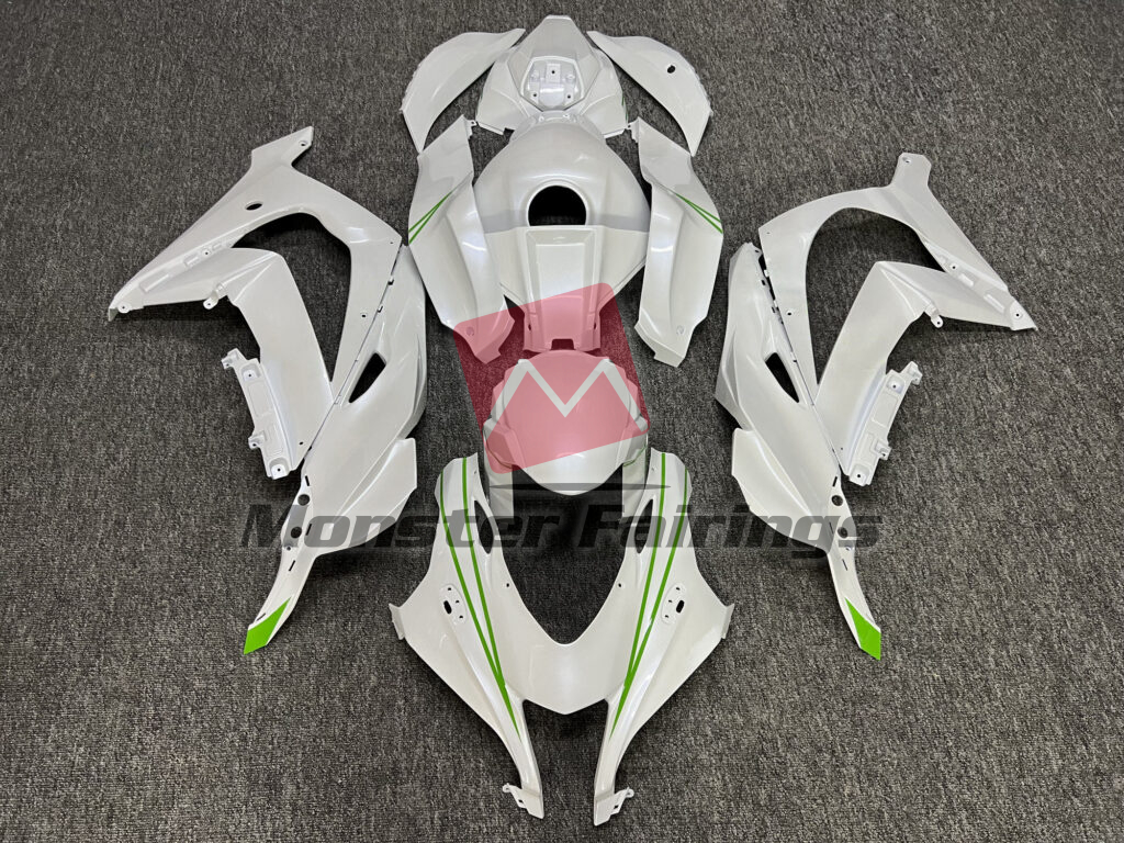 Kawasaki ZX10R 2016 - 2020 Gloss Pearl White with Green ABS fairings - custom motorcycle bodywork kit by Monster Fairings