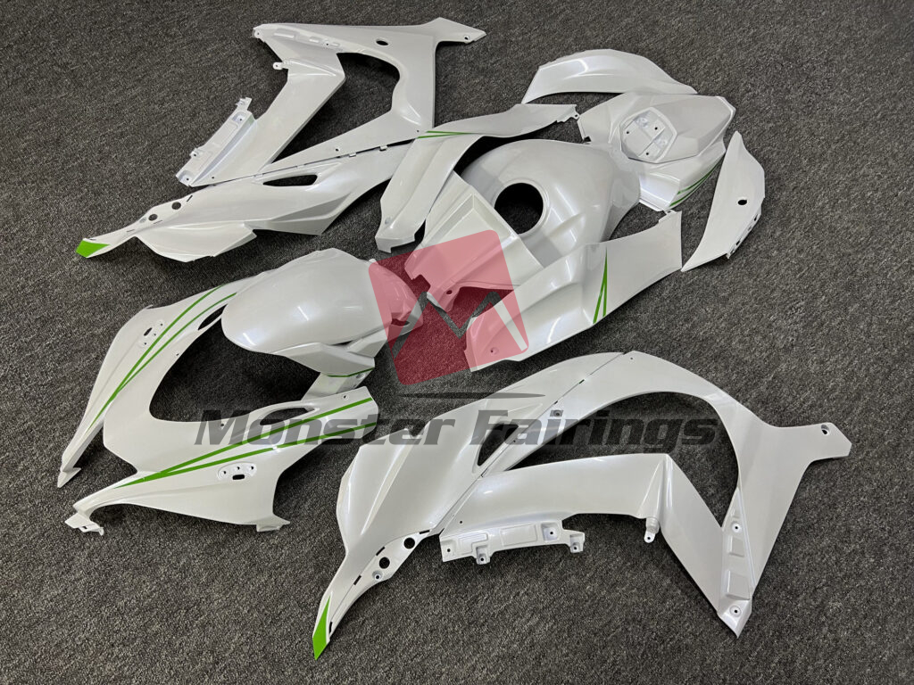 Gloss Pearl White with Green ABS fairings for Kawasaki ZX10R 2016 - 2020 - premium OEM fit kit by Monster Fairings