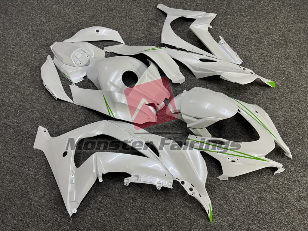 2016 - 2020 Kawasaki ZX10R Gloss Pearl White with Green fairing set - ABS injection, custom painted by Monster Fairings