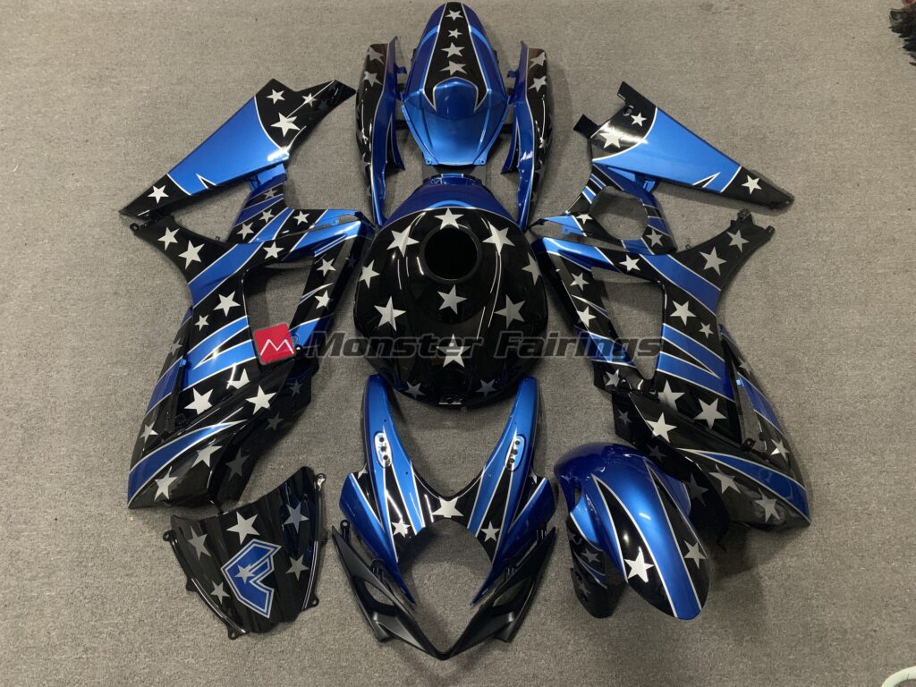 Suzuki GSXR 1000 2007 - 2008 Gloss Pearl Black & Blue with Silver Star ABS fairings - custom motorcycle bodywork kit by Monster Fairings