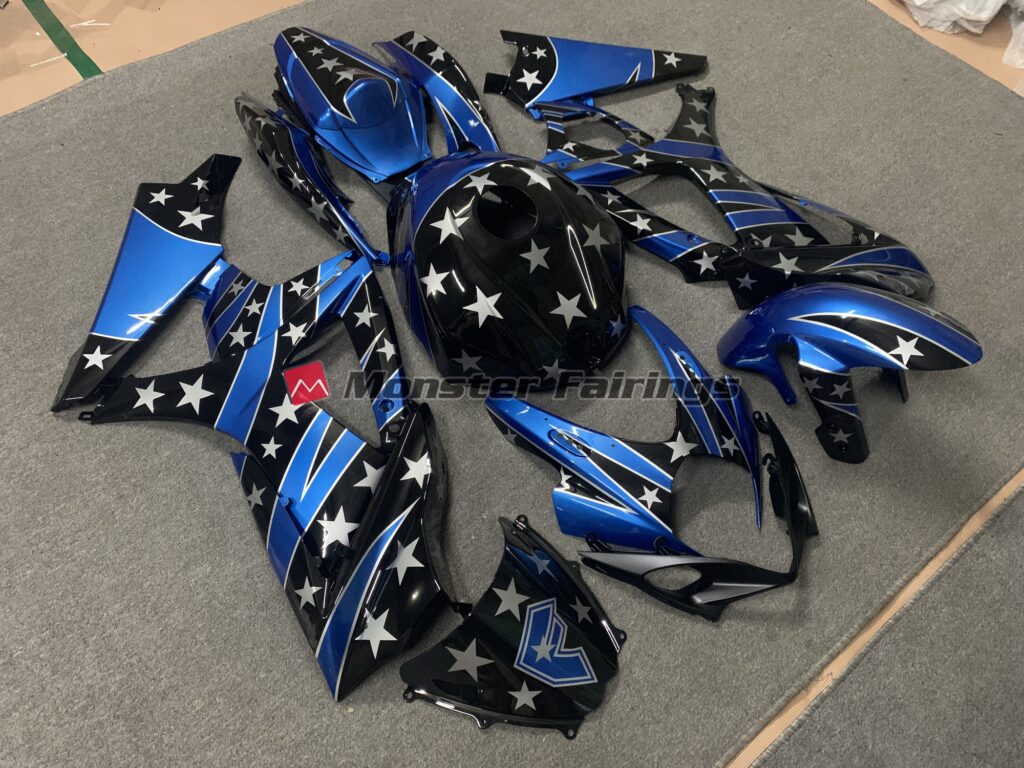 Suzuki GSXR custom ABS fairings 2007 - 2008 in Gloss Pearl Black & Blue with Silver Star - durable replacement kit, Monster Fairings