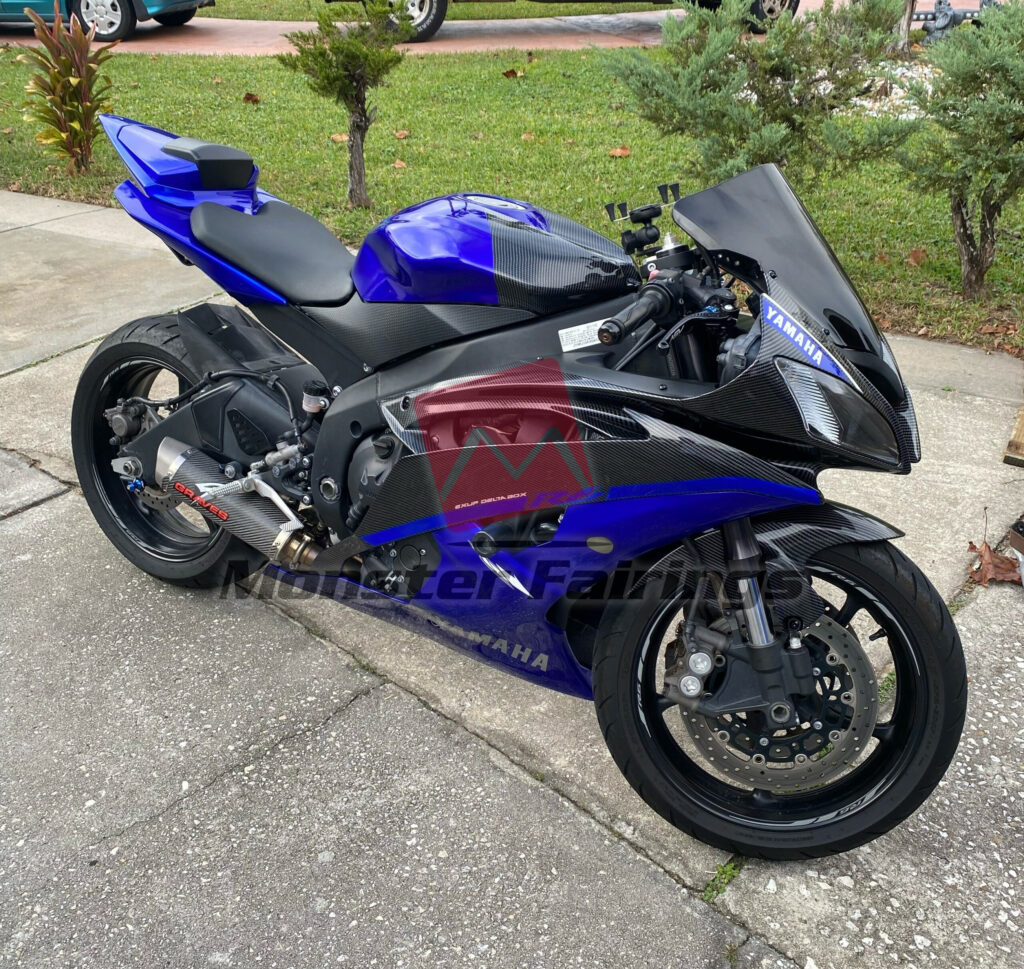 2008 - 2016 Yamaha R6 Gloss Blue with Carbon Fiber Style fairing set - ABS injection, custom painted by Monster Fairings