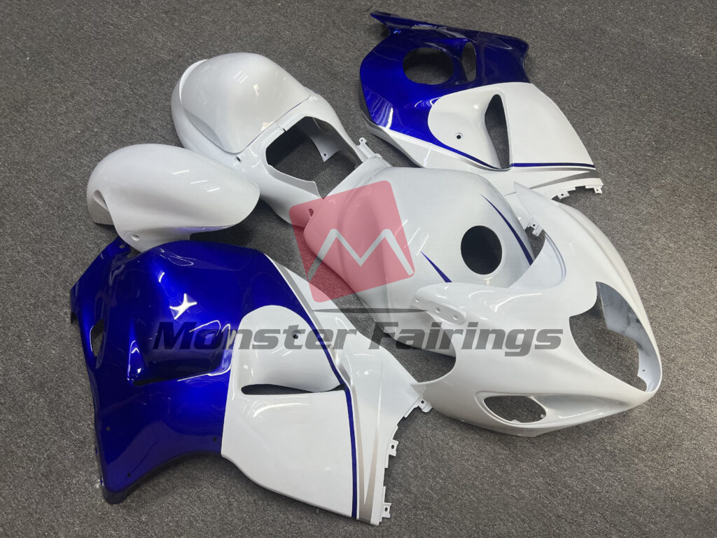 Suzuki GSXR 1300 custom ABS fairings 1997 - 2007 in Gloss White and Deep Blue - durable replacement kit, Monster Fairings