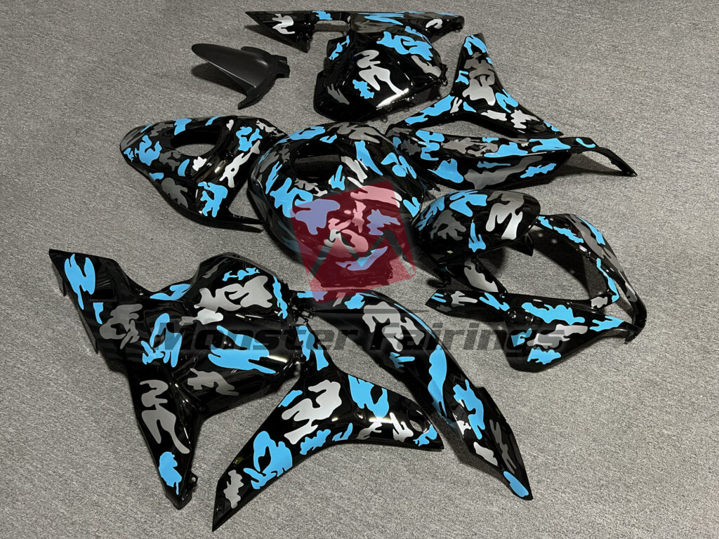 Honda CBR600RR custom ABS fairings 2009 - 2012 in Gloss Black with Silver & Blue Cammo - durable replacement kit, Monster Fairings