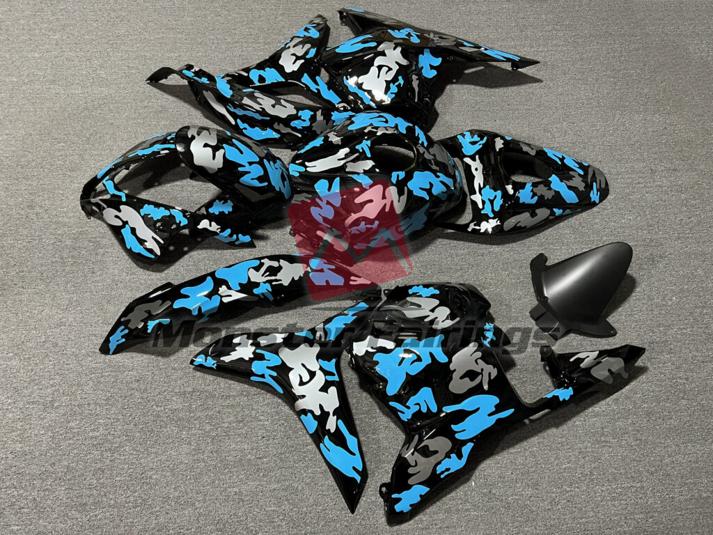 2009 - 2012 Honda CBR600RR Gloss Black with Silver & Blue Cammo fairing set - ABS injection, custom painted by Monster Fairings