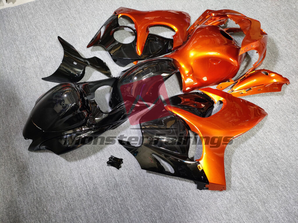 Suzuki GSXR 1300 custom ABS fairings 2008 - 2020 in Candy Orange with Gloss Black - durable replacement kit, Monster Fairings