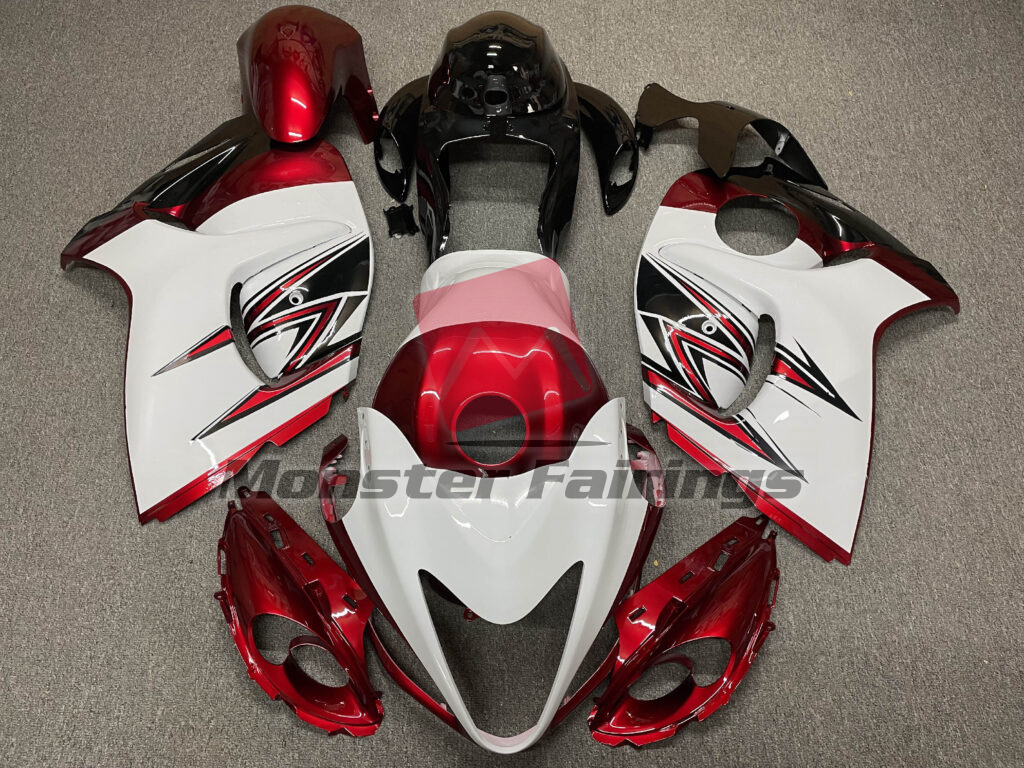 Suzuki GSXR 1300 2008 - 2020 Gloss Red w White Design ABS fairings - custom motorcycle bodywork kit by Monster Fairings