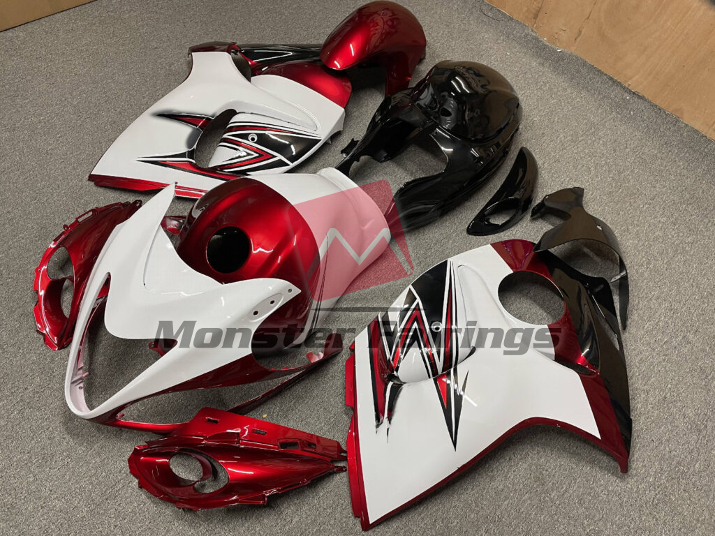 Suzuki GSXR 1300 custom ABS fairings 2008 - 2020 in Gloss Red with White Design - durable replacement kit, Monster Fairings
