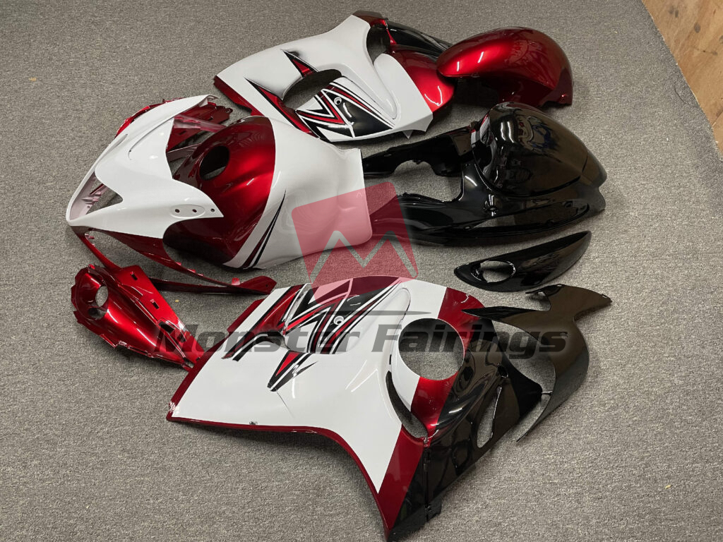 2008 - 2020 Suzuki GSXR 1300 Gloss Red with White Design fairing set - ABS injection, custom painted by Monster Fairings
