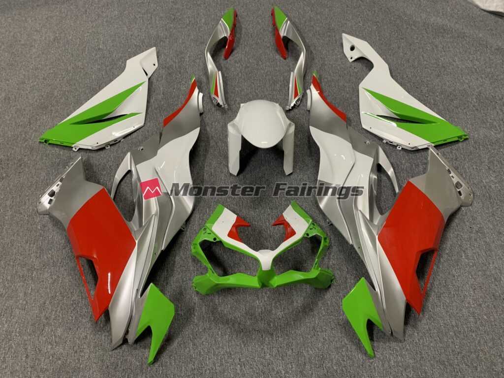 Kawasaki ZX6R 2019 - 2023 Custom Red, Green and Silver ABS fairings - custom motorcycle bodywork kit by Monster Fairings