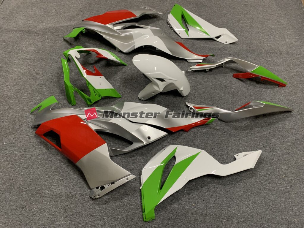 Custom Red, Green and Silver ABS fairings for Kawasaki ZX6R 2019 - 2023 - premium OEM fit kit by Monster Fairings