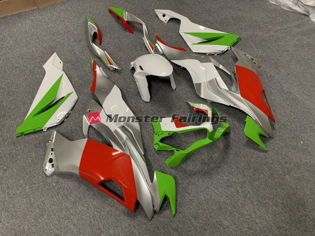 Kawasaki ZX6R custom ABS fairings 2019 - 2023 in Custom Red, Green and Silver - durable replacement kit, Monster Fairings