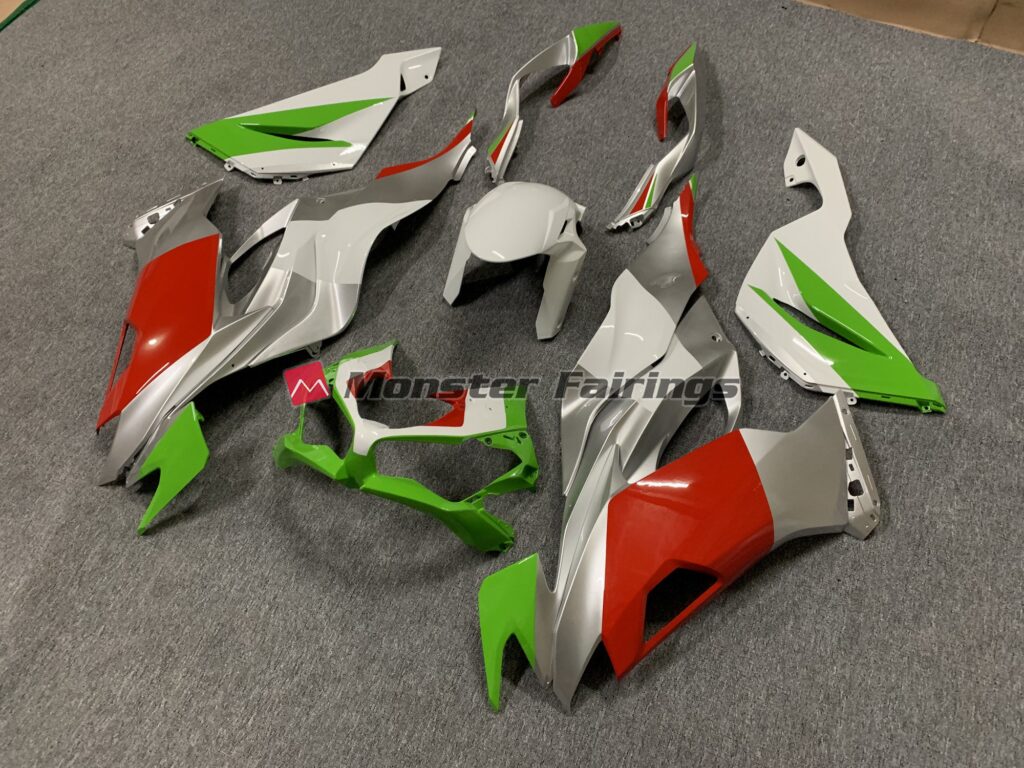 2019 - 2023 Kawasaki ZX6R Custom Red, Green and Silver fairing set - ABS injection, custom painted by Monster Fairings