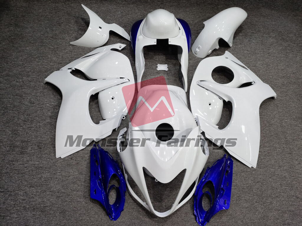 Suzuki GSXR 1300 2008 - 2020 Gloss White with Blue ABS fairings - custom motorcycle bodywork kit by Monster Fairings