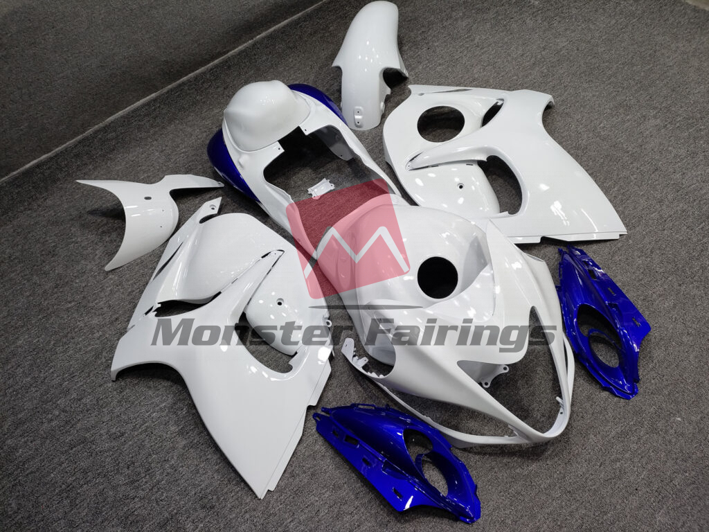 Suzuki GSXR 1300 custom ABS fairings 2008 - 2020 in Gloss White with Blue - durable replacement kit, Monster Fairings