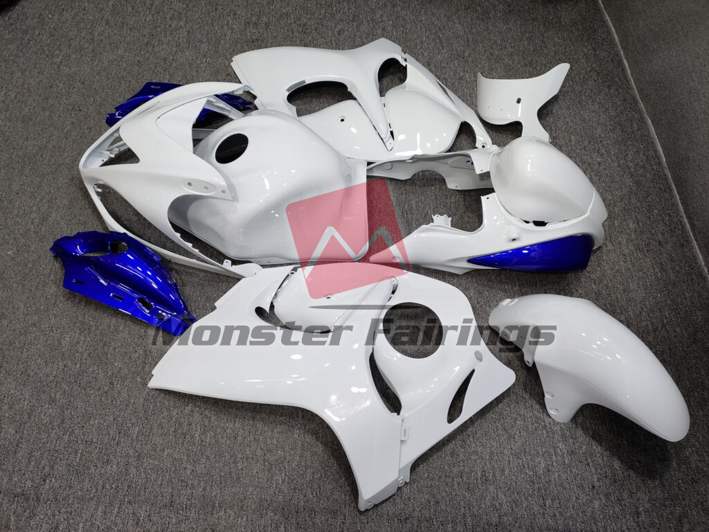 2008 - 2020 Suzuki GSXR 1300 Gloss White with Blue fairing set - ABS injection, custom painted by Monster Fairings