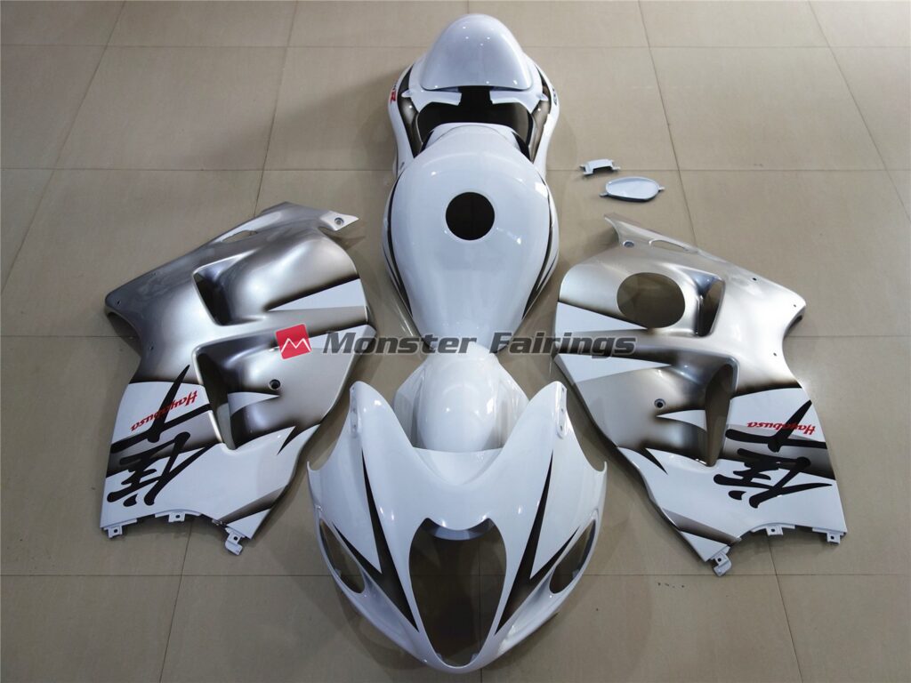 Suzuki GSXR 1300 1997 - 2007 White with Shiny Silver ABS fairings - custom motorcycle bodywork kit by Monster Fairings