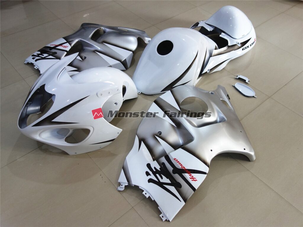 Suzuki GSXR 1300 custom ABS fairings 1997 - 2007 in White with Shiny Silver - durable replacement kit, Monster Fairings