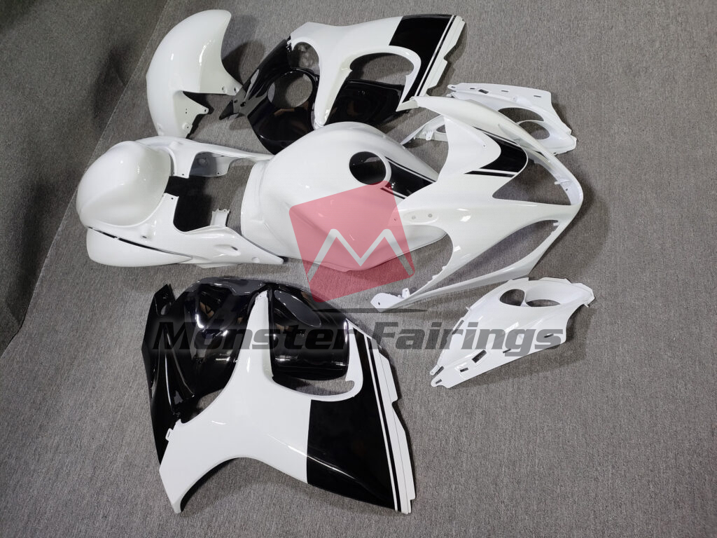 Suzuki GSXR 1300 custom ABS fairings 2008 - 2020 in Gloss White with Black - durable replacement kit, Monster Fairings
