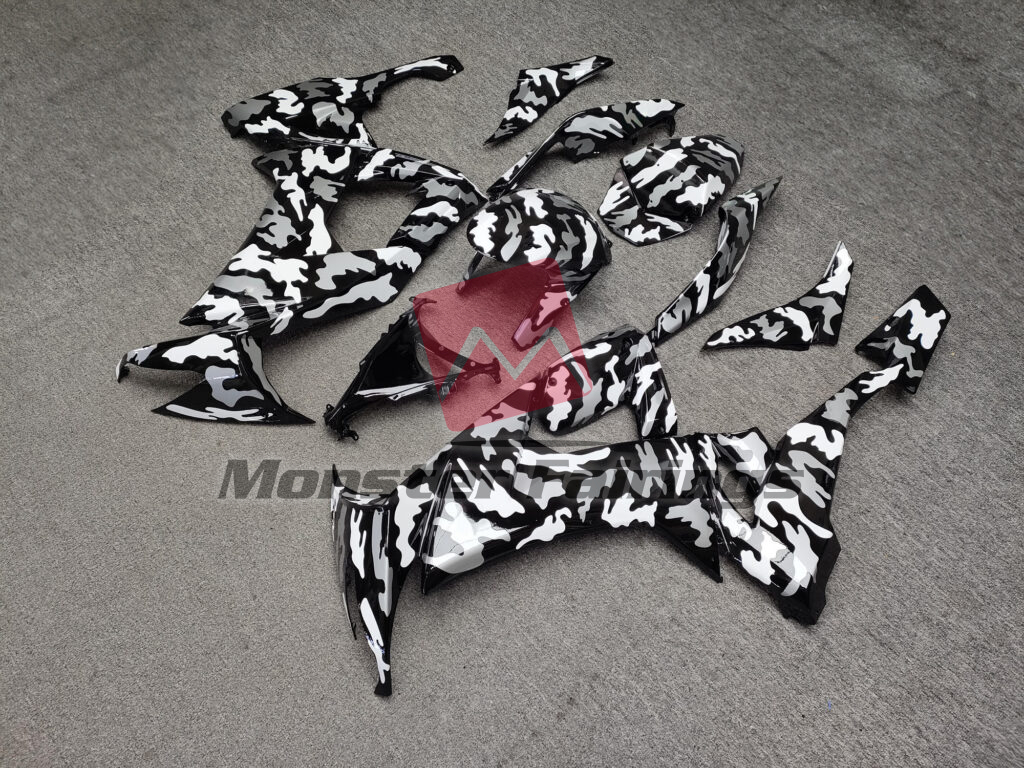 2008 - 2010 Kawasaki ZX10R Gloss Black & White Camo fairing set - ABS injection, custom painted by Monster Fairings
