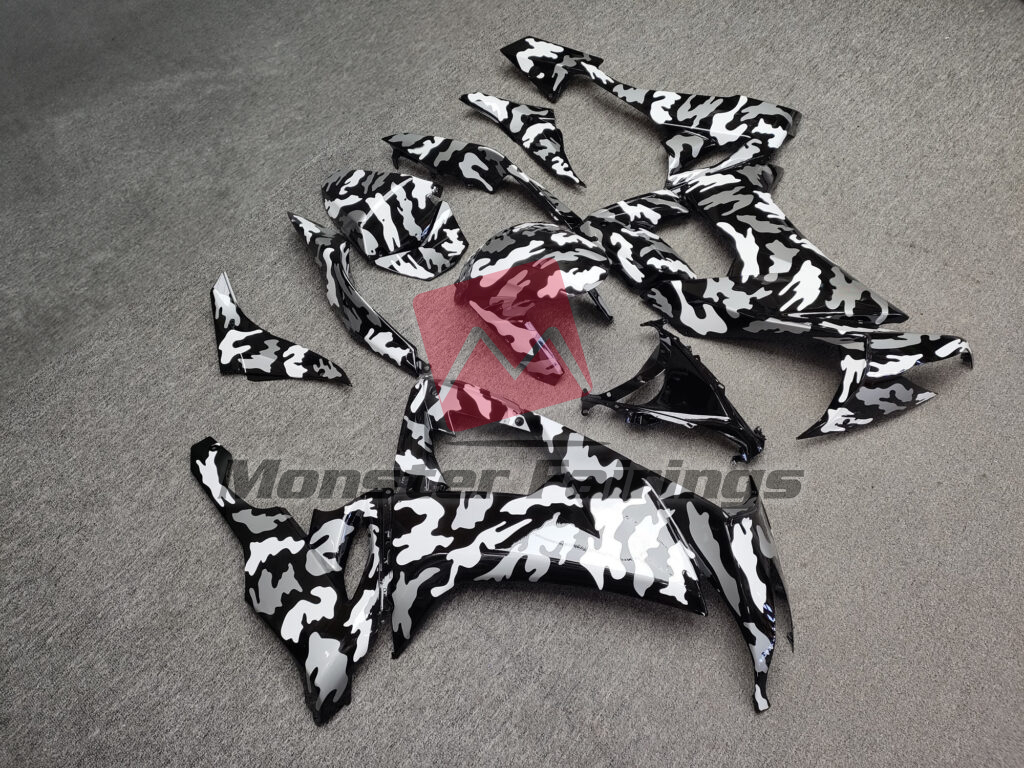 Kawasaki ZX10R custom ABS fairings 2008 - 2010 in Gloss Black & White Camo - durable replacement kit, Monster Fairings