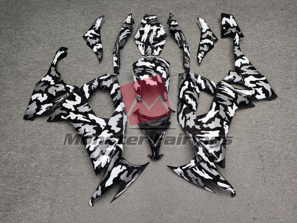 Kawasaki ZX10R 2008 - 2010 Gloss Black & White Camo ABS fairings - custom motorcycle bodywork kit by Monster Fairings