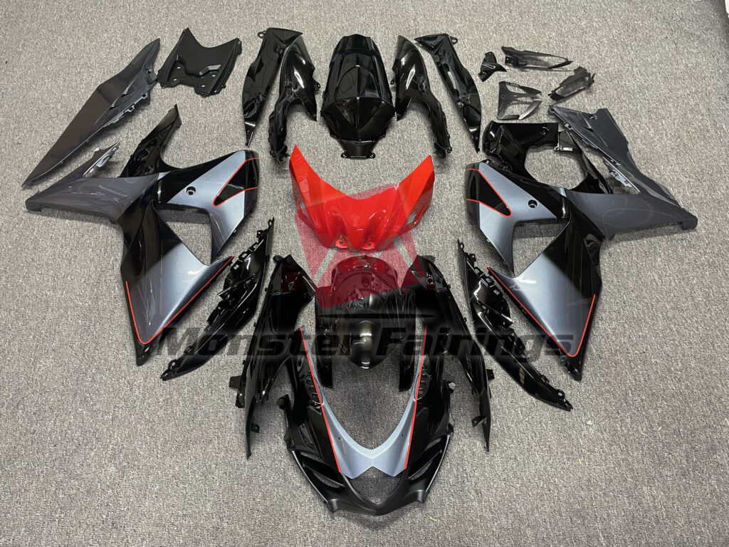Suzuki GSXR 1000 2009 - 2016 Shiny Grey/Black with Red ABS fairings - custom motorcycle bodywork kit by Monster Fairings