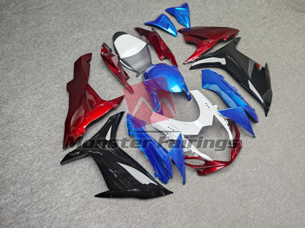 Suzuki GSXR custom ABS fairings 2011 - 2025 in Gloss White with Red & Blue - durable replacement kit, Monster Fairings