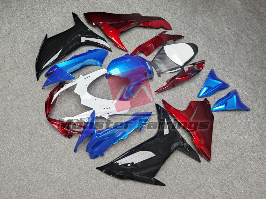 2011 - 2025 Suzuki GSXR Gloss White with Red & Blue fairing set - ABS injection, custom painted by Monster Fairings